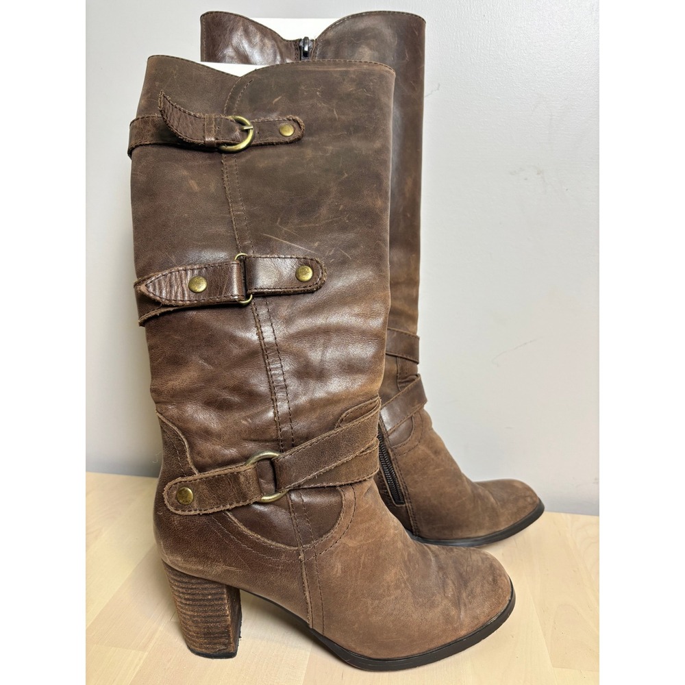 Nine West Brown Leather Tall Buckle Moto Boots Womens 7M Block Heel Zipper